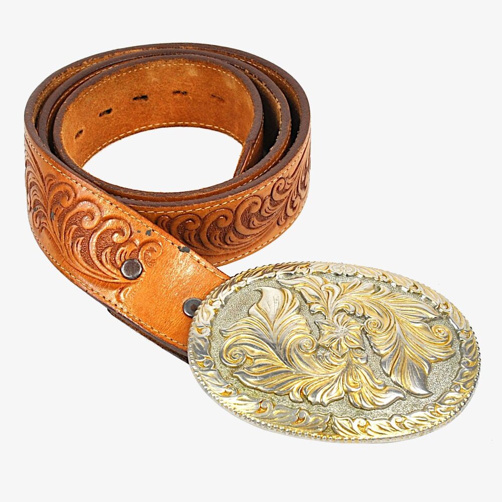 Vintage Tooled Cowhide Leather Belt, M